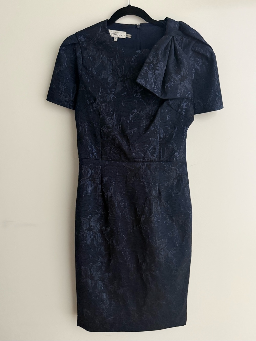 Teri Jon Navy Jacquard Knee/Midi Dress with Shoulder Bow